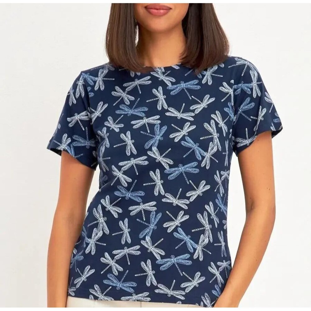 Womens 2XL Navy Blue Printed Cotton T- Shirt Short Sleeve Soft Tee Casual Comfy